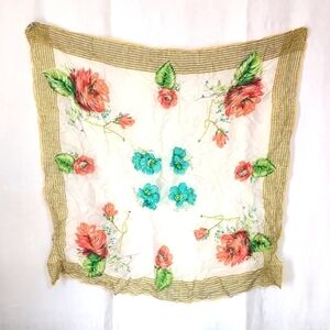 Vintage Momme 6 1/4 Rayon Silk Yellow Border Floral Square Scarf Hand Rolled